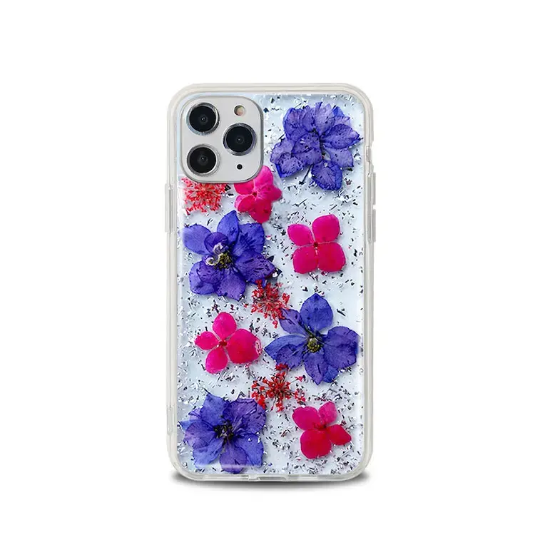 Women Luxury Fashion Natural Flower Glitter Foil Sparkle Hard Back Cover with Clear TPU Bumper Protective Phone Bling Case for iPhone 12