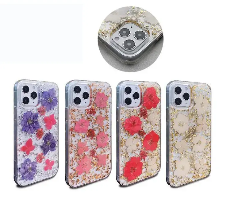 Women Luxury Fashion Natural Flower Glitter Foil Sparkle Hard Back Cover with Clear TPU Bumper Protective Phone Bling Case for iPhone 12