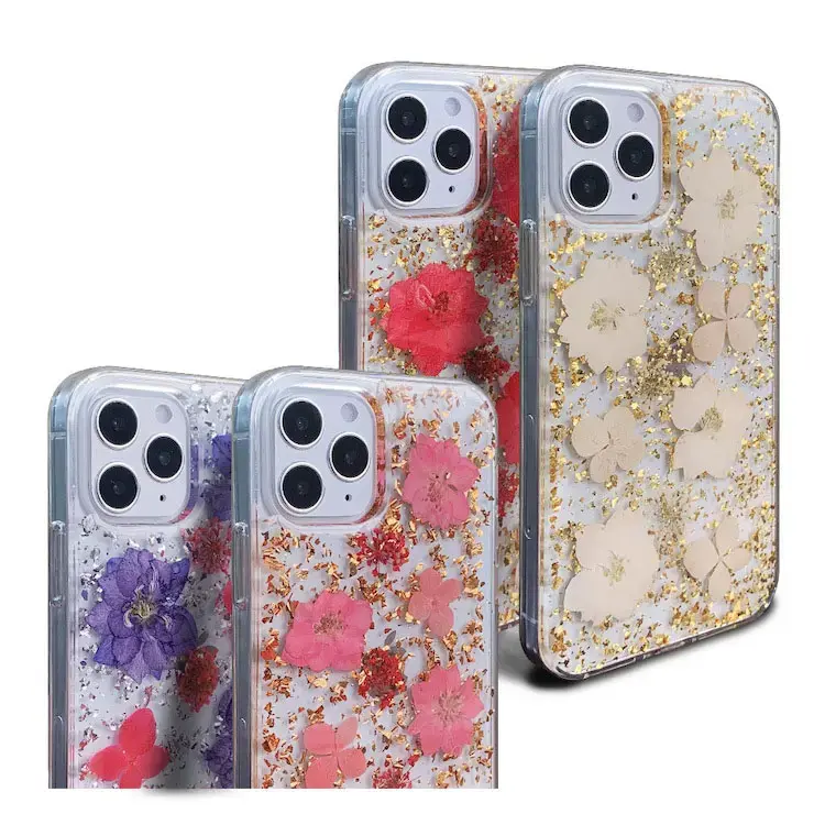 Women Luxury Fashion Natural Flower Glitter Foil Sparkle Hard Back Cover with Clear TPU Bumper Protective Phone Bling Case for iPhone 12