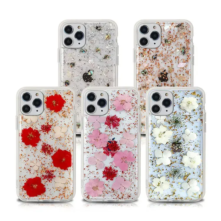 Women Luxury Fashion Natural Flower Glitter Foil Sparkle Hard Back Cover with Clear TPU Bumper Protective Phone Bling Case for iPhone 12