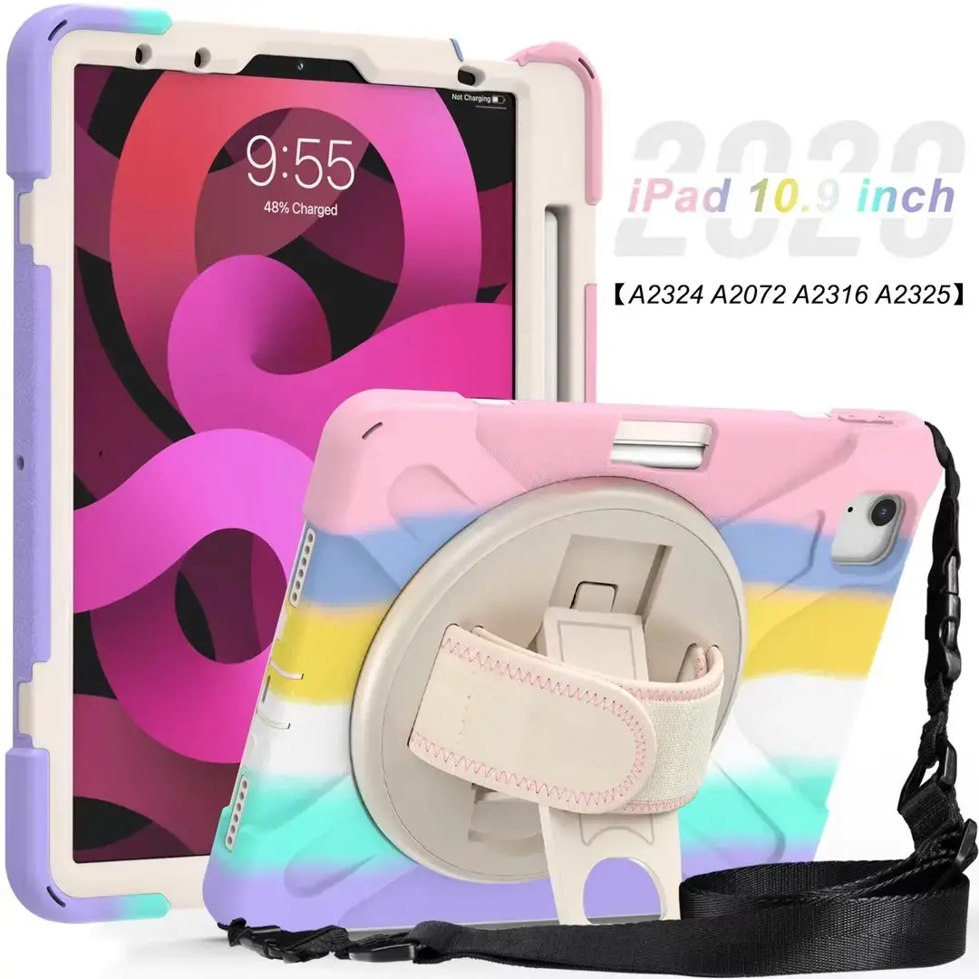 iPad Air 4 Case 2020 | iPad Air 4th Generation 10.9 Inch Case with Pencil Holder | Three Layer Shockproof Rugged Rubber Protective Cover /With Stand Hand Strap Shoulder Strap