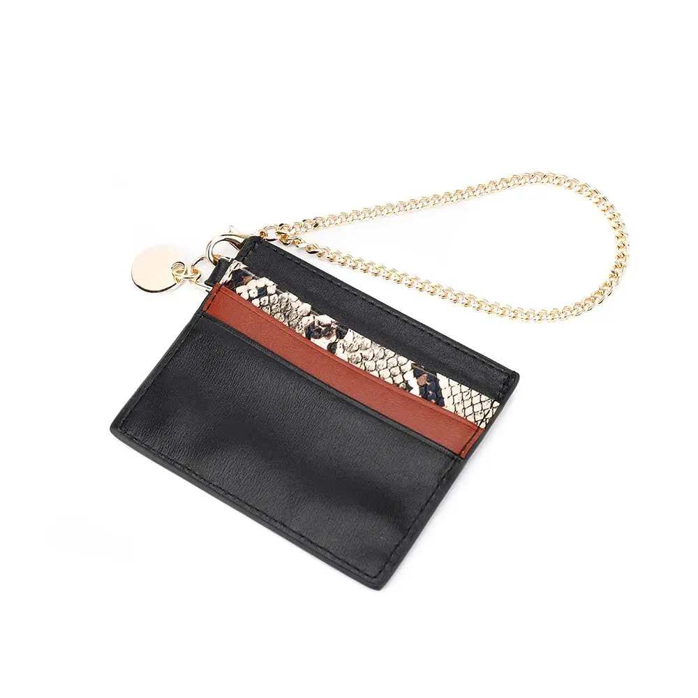 Snake Pattern Leather Card Holder with Chain